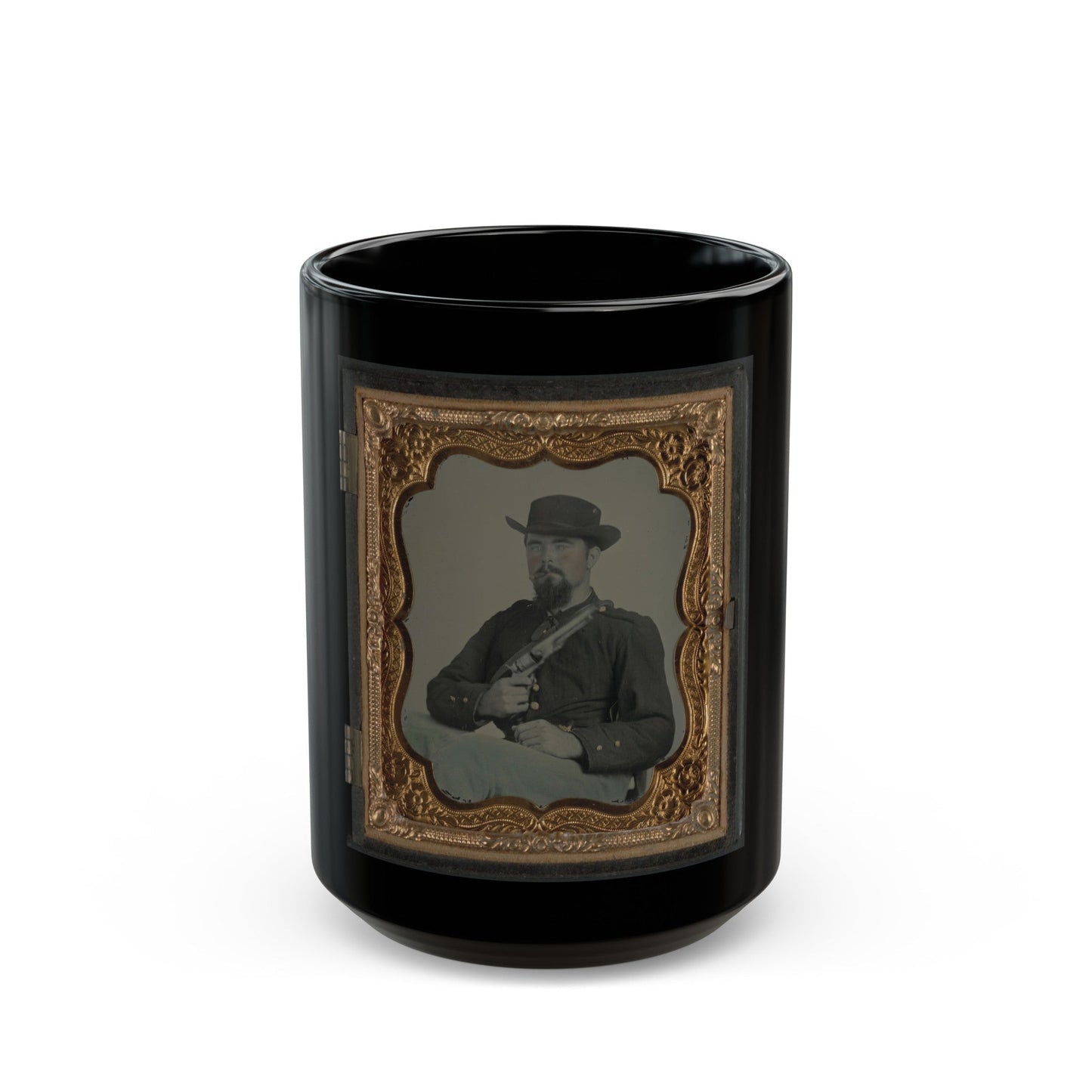 Private William B. Todd Of Company E, 9th Virginia Cavalry Regiment With Colt Army Revolver And Smoking A Cigar (U.S. Civil War) Black Coffee Mug-15oz-The Sticker Space