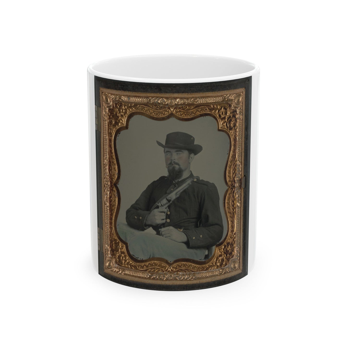 Private William B. Todd Of Company E, 9th Virginia Cavalry Regiment With Colt Army Revolver And Smoking A Cigar (U.S. Civil War) White Coffee Mug-11oz-The Sticker Space