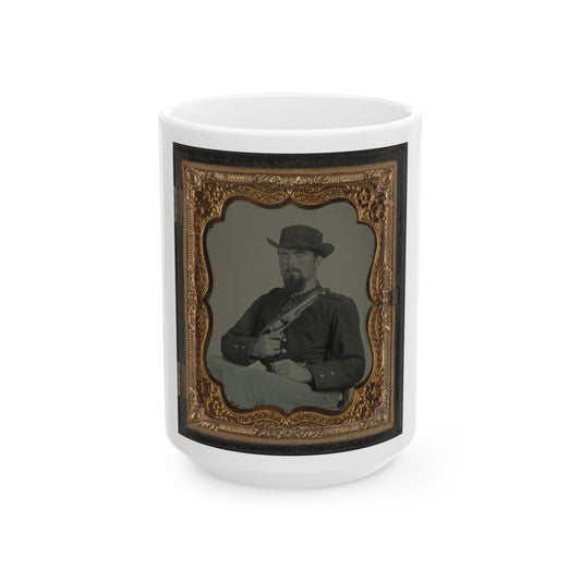 Private William B. Todd Of Company E, 9th Virginia Cavalry Regiment With Colt Army Revolver And Smoking A Cigar (U.S. Civil War) White Coffee Mug-15oz-The Sticker Space