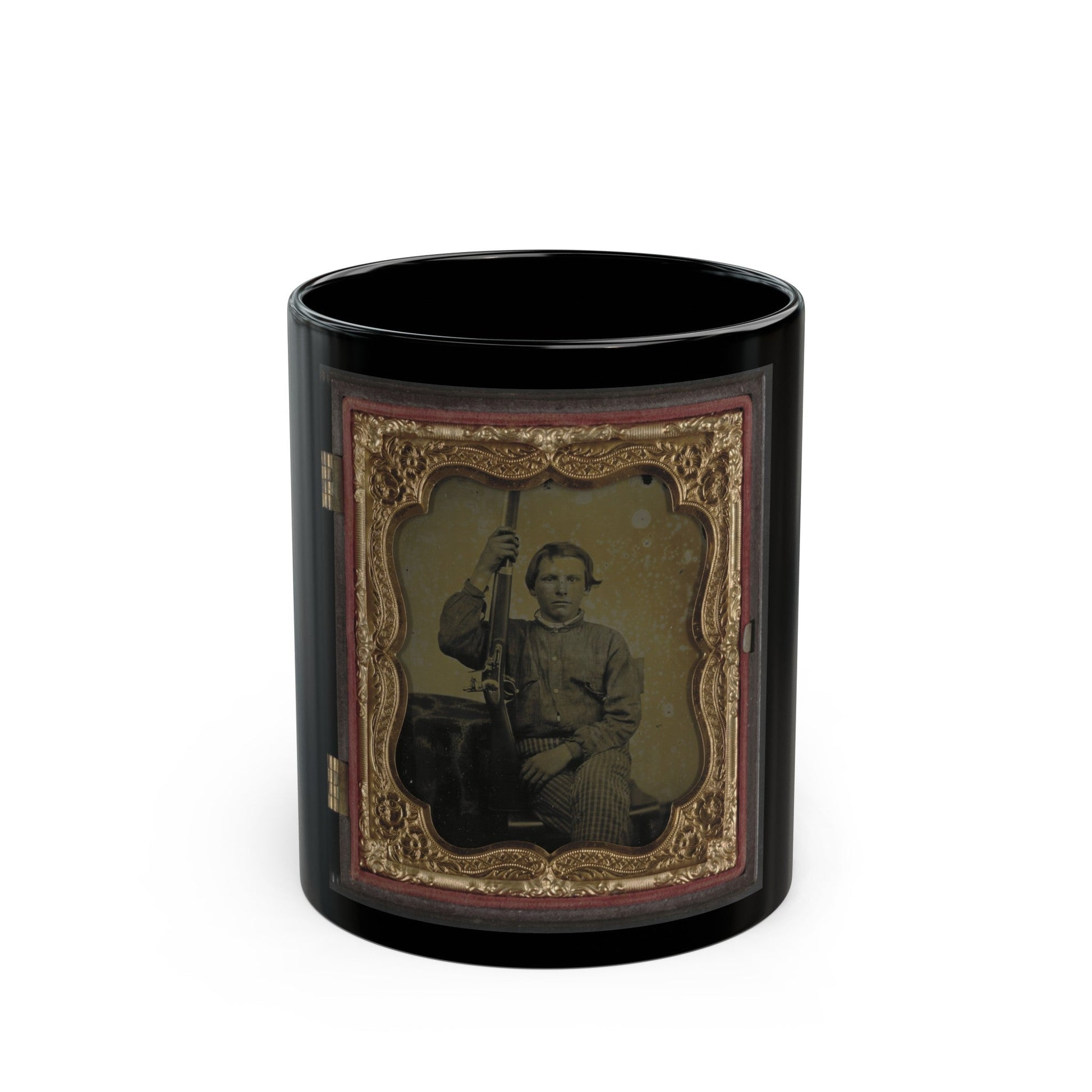 Private William H. Presgraves Of Company K, 97th Militia Virginia Infantry Regiment, With Rifle (U.S. Civil War) Black Coffee Mug-11oz-The Sticker Space