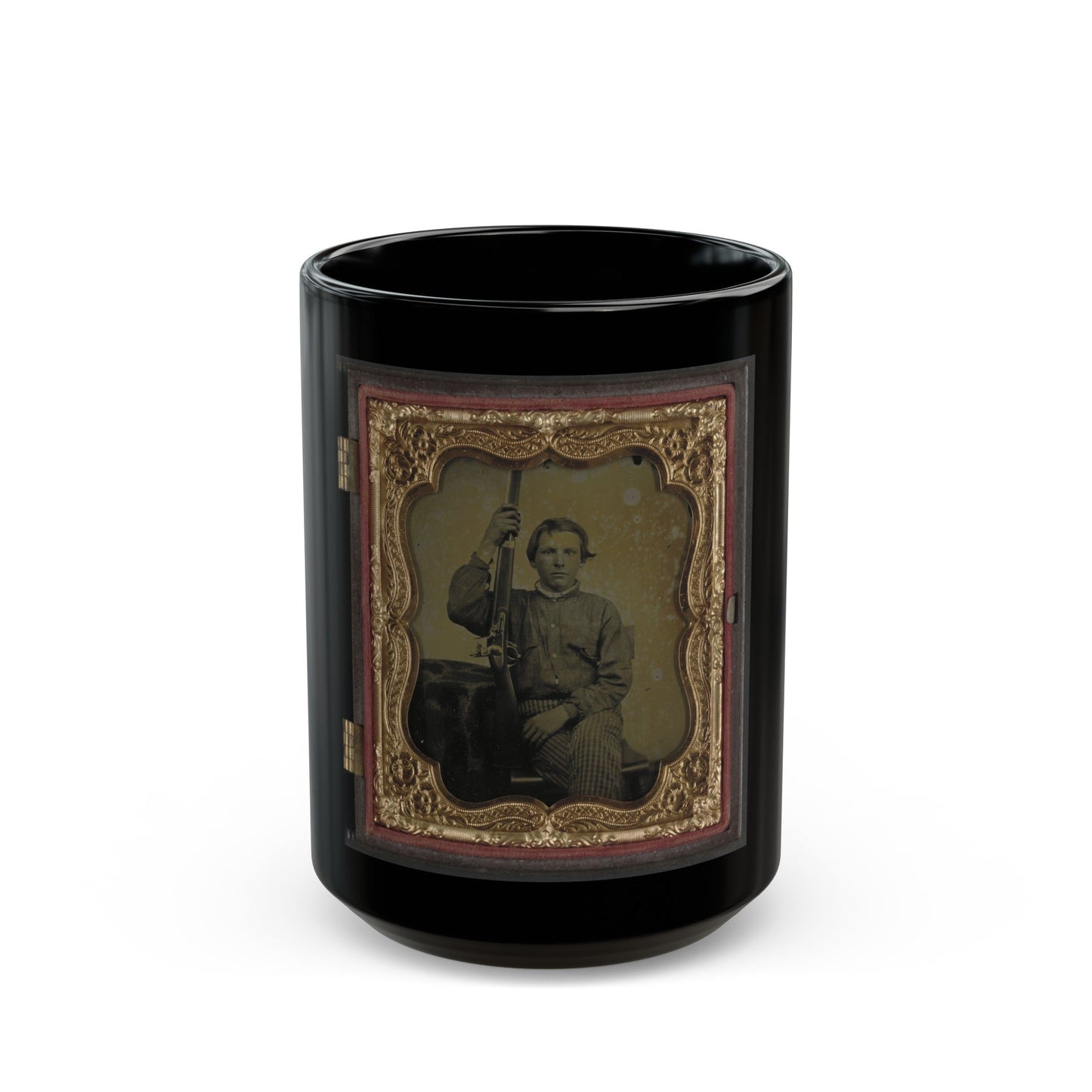 Private William H. Presgraves Of Company K, 97th Militia Virginia Infantry Regiment, With Rifle (U.S. Civil War) Black Coffee Mug-15oz-The Sticker Space