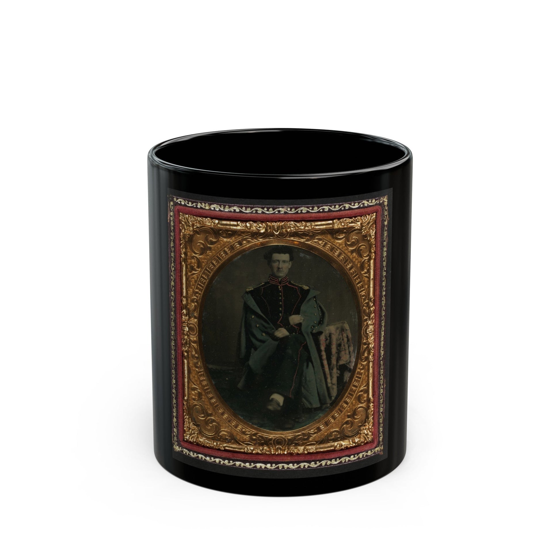 Private William P. Haberlin Of Battery B, Pennsylvania Light Artillery In Uniform With Shoulder Scales And Great Coat (U.S. Civil War) Black Coffee Mug-11oz-The Sticker Space