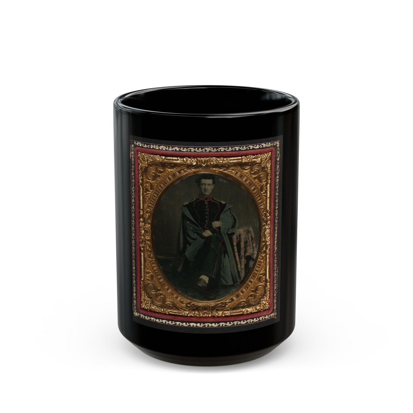 Private William P. Haberlin Of Battery B, Pennsylvania Light Artillery In Uniform With Shoulder Scales And Great Coat (U.S. Civil War) Black Coffee Mug-15oz-The Sticker Space