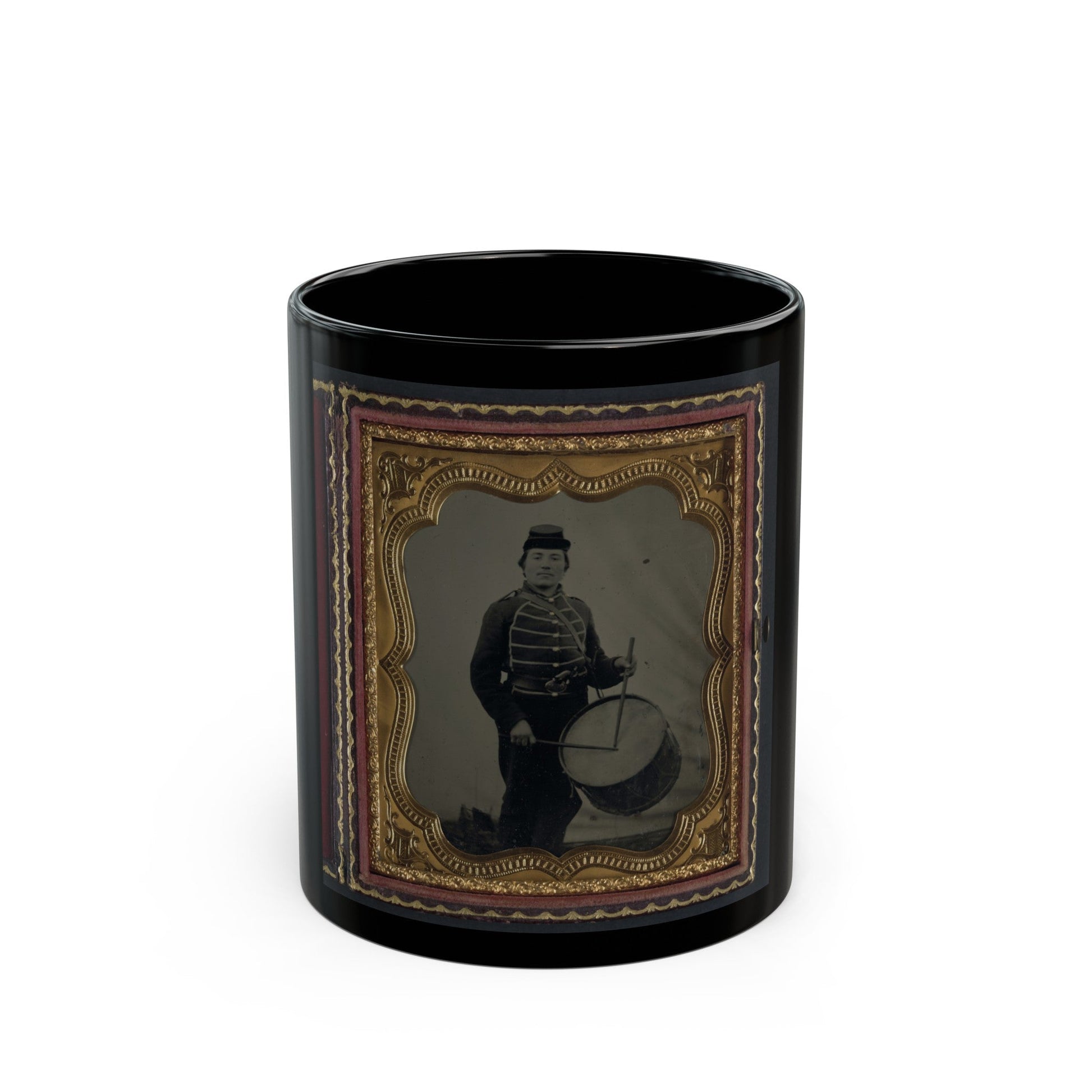 Private William V. Haines Of Company H, 49th Ohio Infantry Regiment, In Uniform And Ohio Volunteer Militia Belt Buckle With Drum (U.S. Civil War) Black Coffee Mug-11oz-The Sticker Space