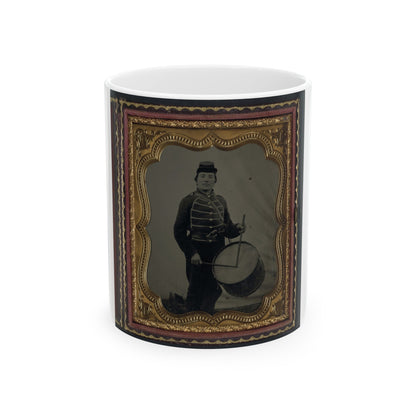 Private William V. Haines Of Company H, 49th Ohio Infantry Regiment, In Uniform And Ohio Volunteer Militia Belt Buckle With Drum (U.S. Civil War) White Coffee Mug-11oz-The Sticker Space