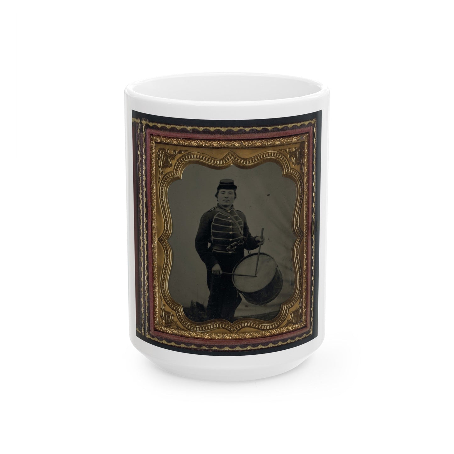 Private William V. Haines Of Company H, 49th Ohio Infantry Regiment, In Uniform And Ohio Volunteer Militia Belt Buckle With Drum (U.S. Civil War) White Coffee Mug-15oz-The Sticker Space