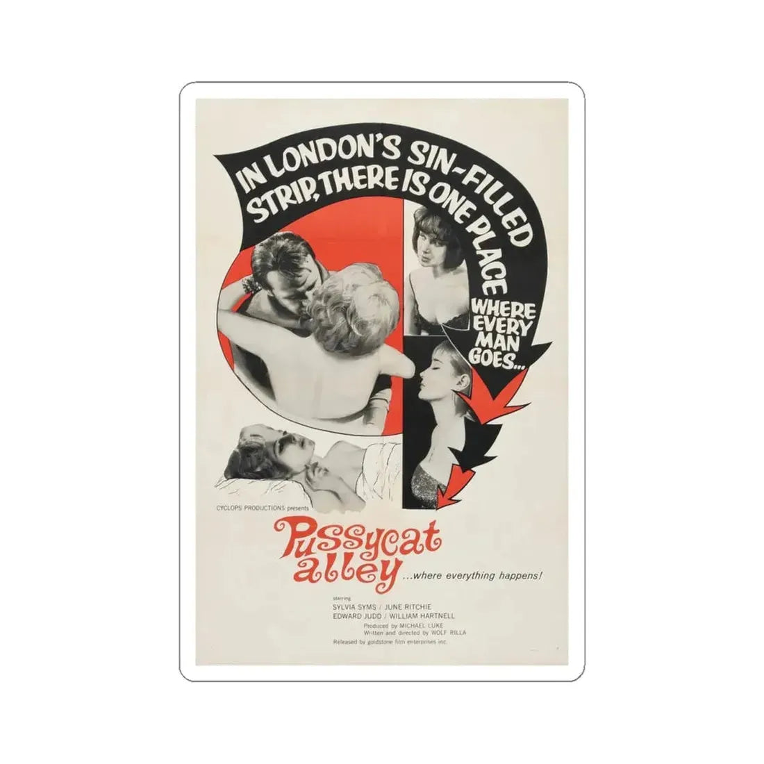 PUSSYCAT ALLEY 1965 Movie Poster - STICKER Vinyl Kiss-Cut Decal 4 Inch White - The Sticker Space