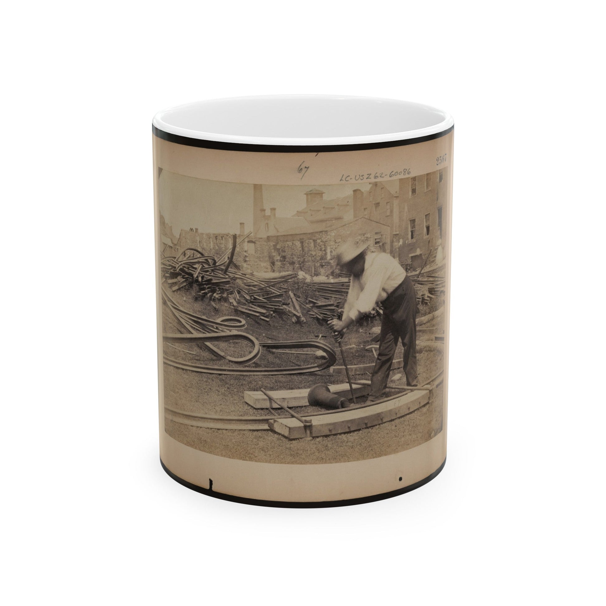 Railroad Construction Worker Straightening Track; Pile Of Twisted Rails In Background. 1862-63 (U.S. Civil War) White Coffee Mug-11oz-The Sticker Space