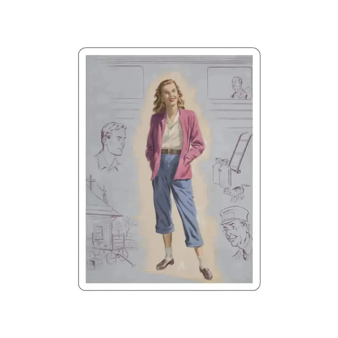 Railroad Study with Girl, preliminary story illustration (Magazine Illustration) STICKER Vinyl Die-Cut Decal White Die-Cut 2 Inch - The Sticker Space