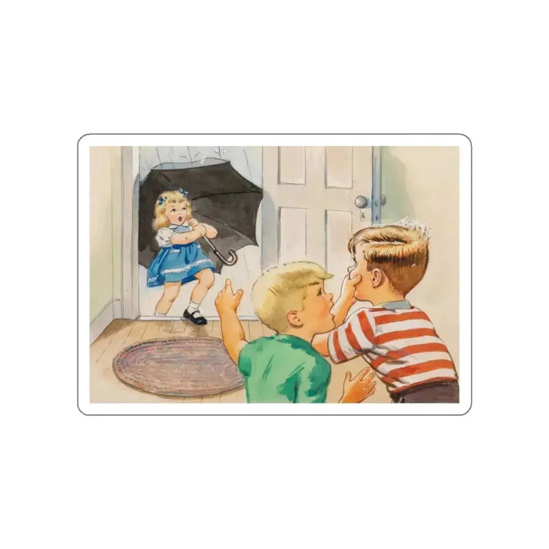 Rain, Dick and Jane illustration (Magazine Illustration) STICKER Vinyl Die-Cut Decal White Die-Cut 5 Inch - The Sticker Space