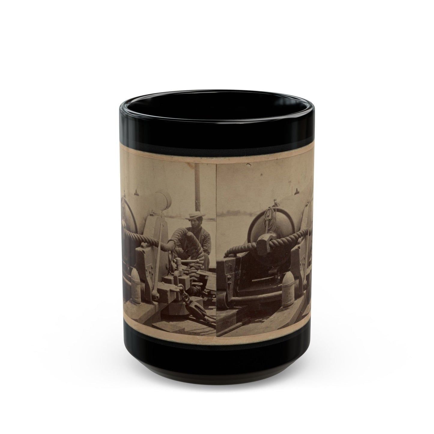 Rear View Of A Cannon With A Soldier Sitting Adjacent To It Facing Forward (U.S. Civil War) Black Coffee Mug-15oz-The Sticker Space