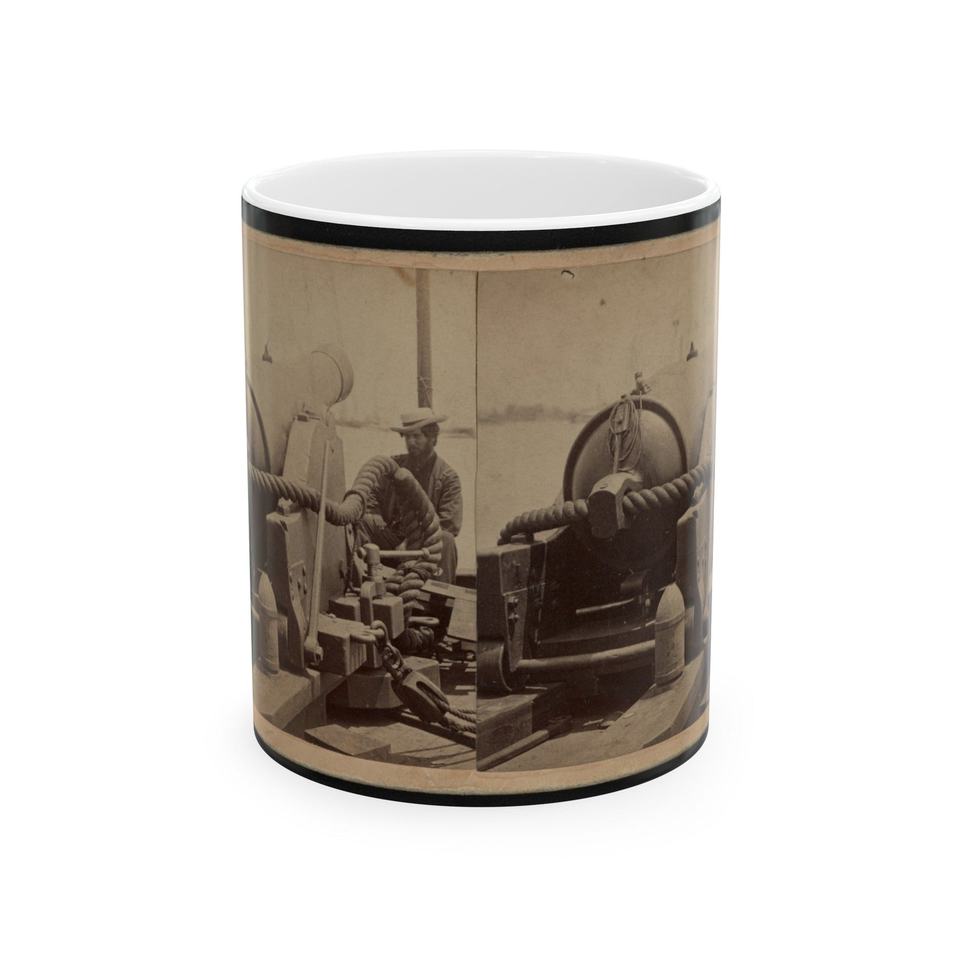 Rear View Of A Cannon With A Soldier Sitting Adjacent To It Facing Forward (U.S. Civil War) White Coffee Mug-11oz-The Sticker Space