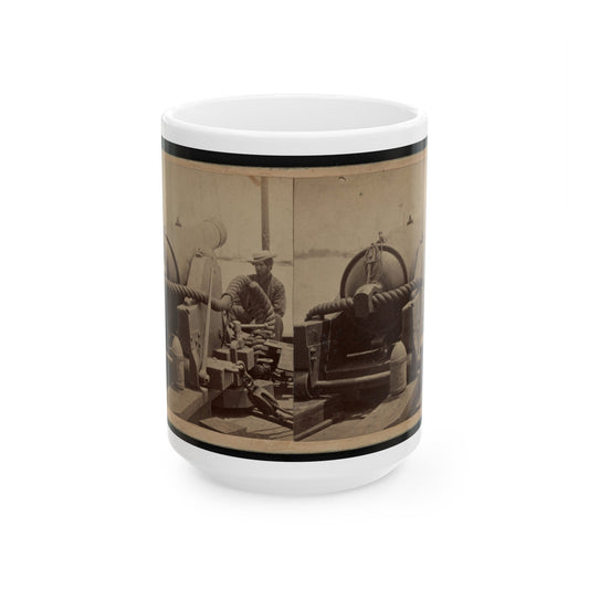 Rear View Of A Cannon With A Soldier Sitting Adjacent To It Facing Forward (U.S. Civil War) White Coffee Mug-15oz-The Sticker Space