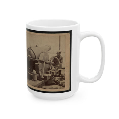 Rear View Of A Cannon With A Soldier Sitting Adjacent To It Facing Forward (U.S. Civil War) White Coffee Mug-The Sticker Space