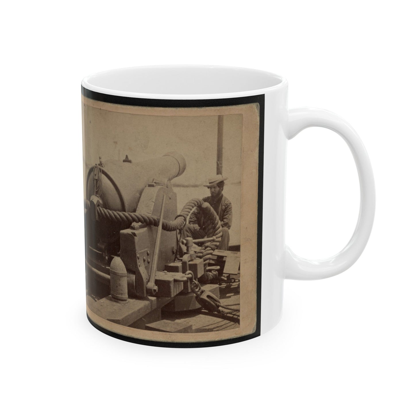 Rear View Of A Cannon With A Soldier Sitting Adjacent To It Facing Forward (U.S. Civil War) White Coffee Mug-The Sticker Space