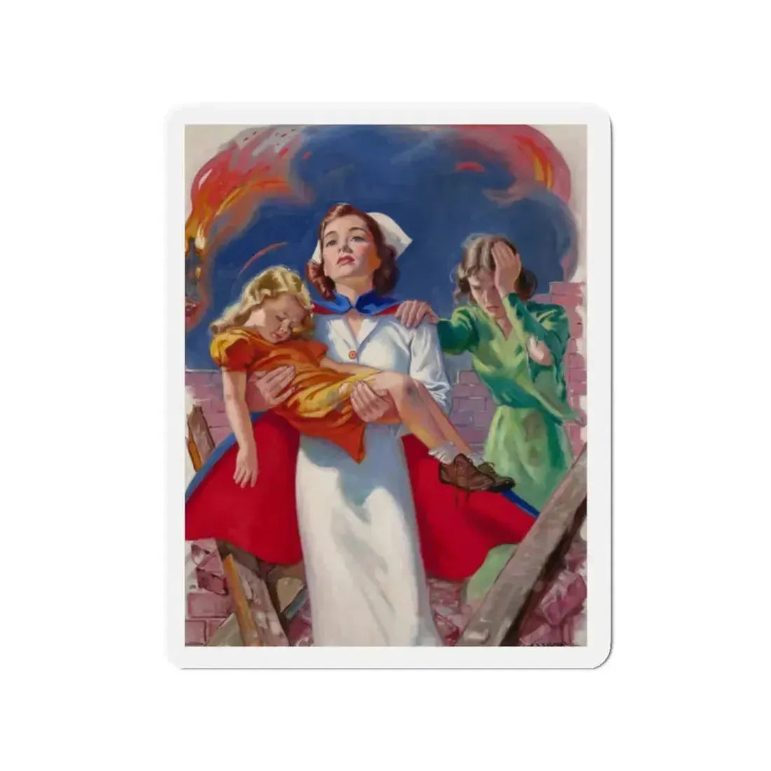 Rescuing the Children, probable Red Cross advertisement (Magazine Illustration) Refrigerator Magnet 2 Inch Die-Cut - The Sticker Space
