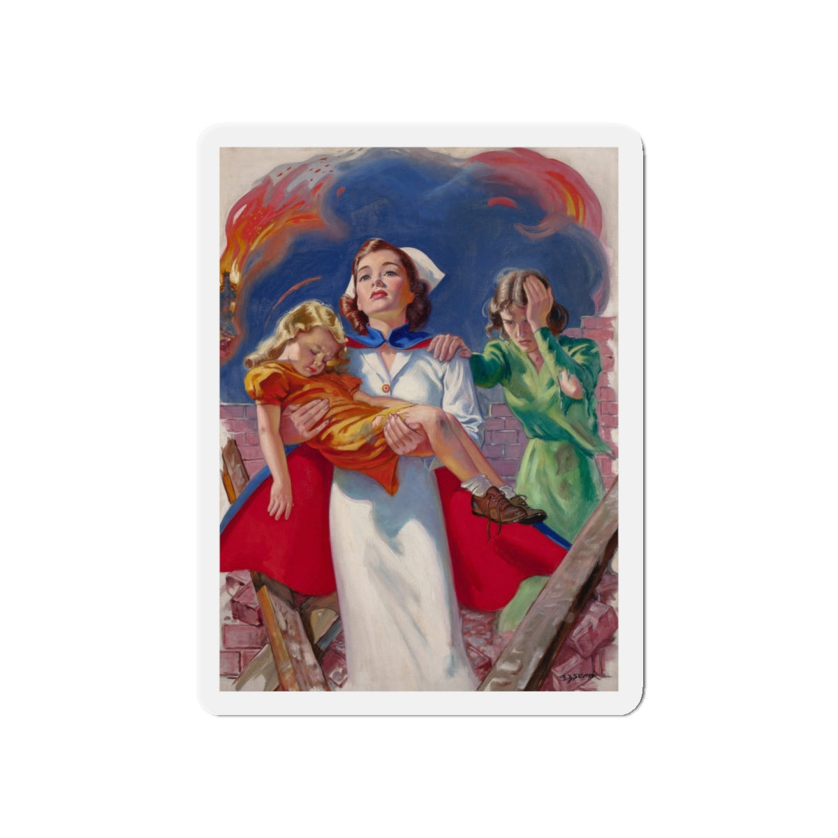 Rescuing the Children, probable Red Cross advertisement (Magazine Illustration) Refrigerator Magnet-5" x 5"-The Sticker Space