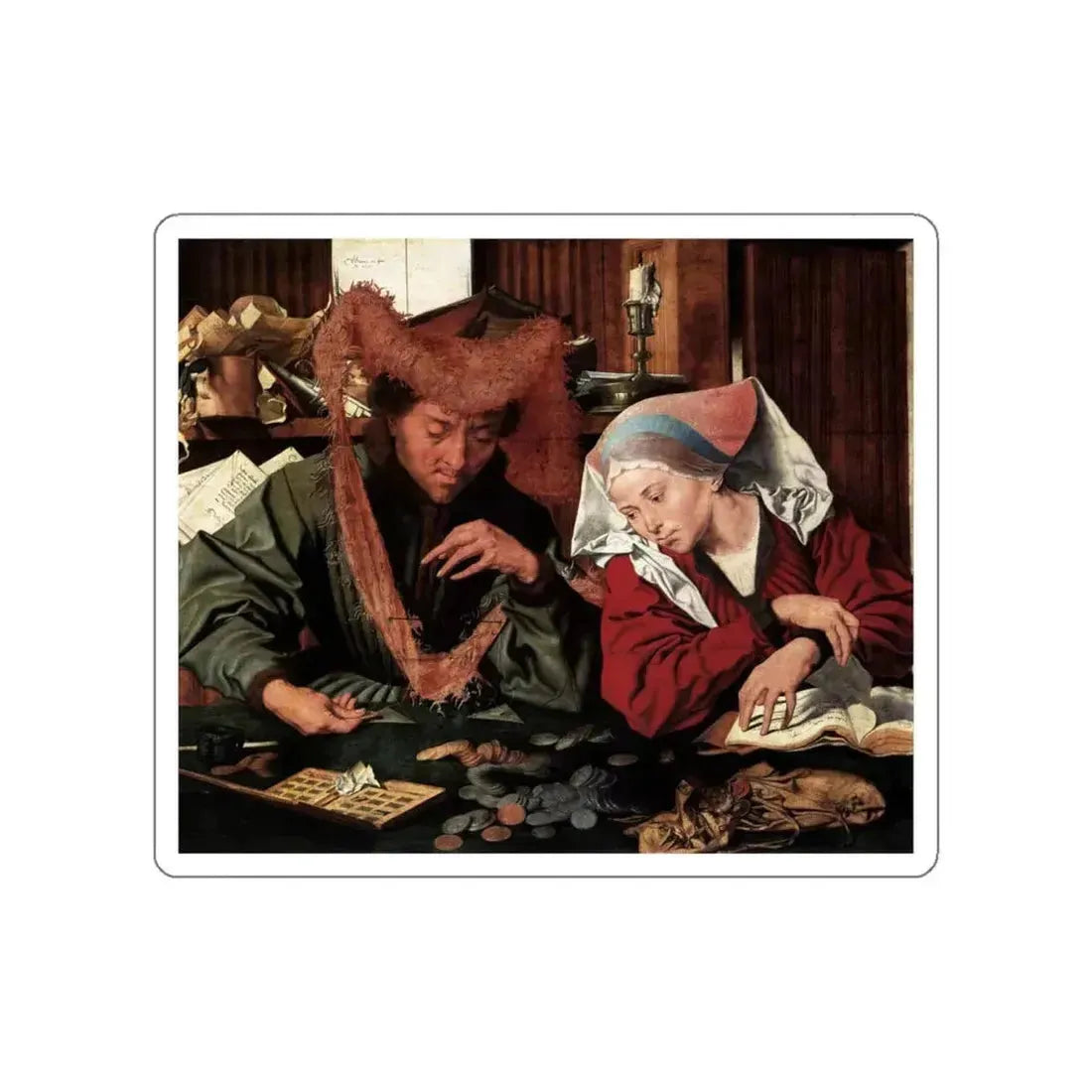 REYMERSWAELE, Marinus van - Money-Changer and his Wife (Artwork) STICKER Vinyl Die-Cut Decal White Die-Cut 6 Inch - The Sticker Space