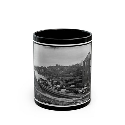 Richmond, Va. Barges With African Americans On The Canal; Ruined Buildings Beyond (U.S. Civil War) Black Coffee Mug-11oz-The Sticker Space