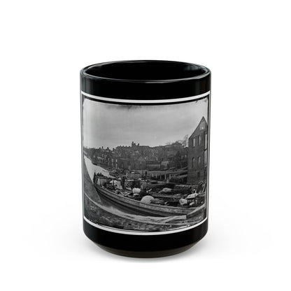 Richmond, Va. Barges With African Americans On The Canal; Ruined Buildings Beyond (U.S. Civil War) Black Coffee Mug-15oz-The Sticker Space