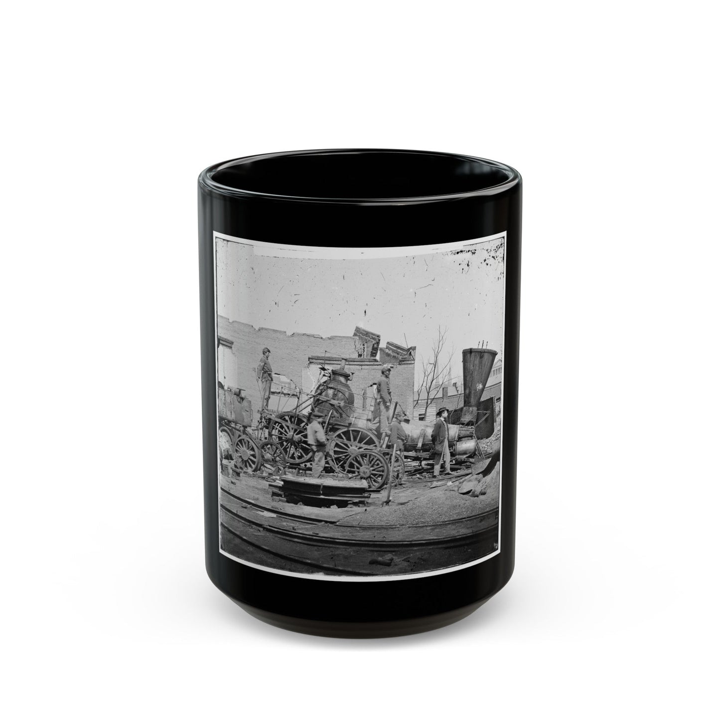 Richmond, Va. Crippled Locomotive, Richmond & Petersburg Railroad Depot (U.S. Civil War) Black Coffee Mug-15oz-The Sticker Space