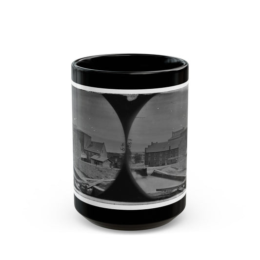 Richmond, Va. Haxall & Crenshaw's Flour Mill; Canal Lock In Foreground (U.S. Civil War) Black Coffee Mug-15oz-The Sticker Space