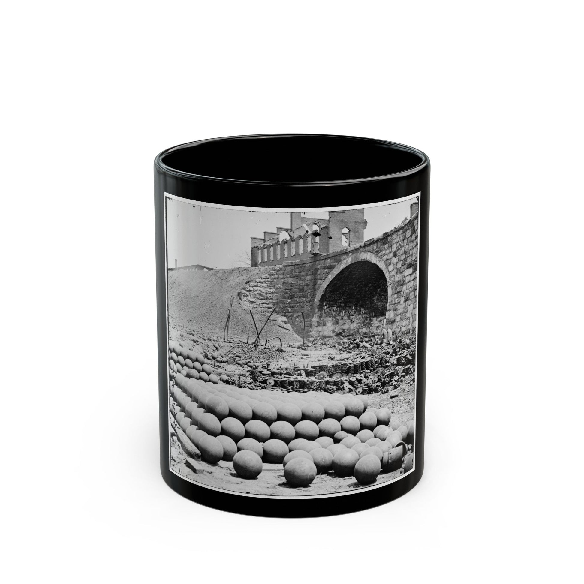 Richmond, Va. Piles Of Solid Shot, Canister, Etc., In The Arsenal Grounds; Richmond & Petersburg Railroad Bridge At Right (U.S. Civil War) Black Coffee Mug-11oz-The Sticker Space