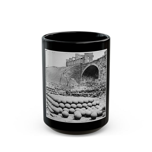 Richmond, Va. Piles Of Solid Shot, Canister, Etc., In The Arsenal Grounds; Richmond & Petersburg Railroad Bridge At Right (U.S. Civil War) Black Coffee Mug-15oz-The Sticker Space