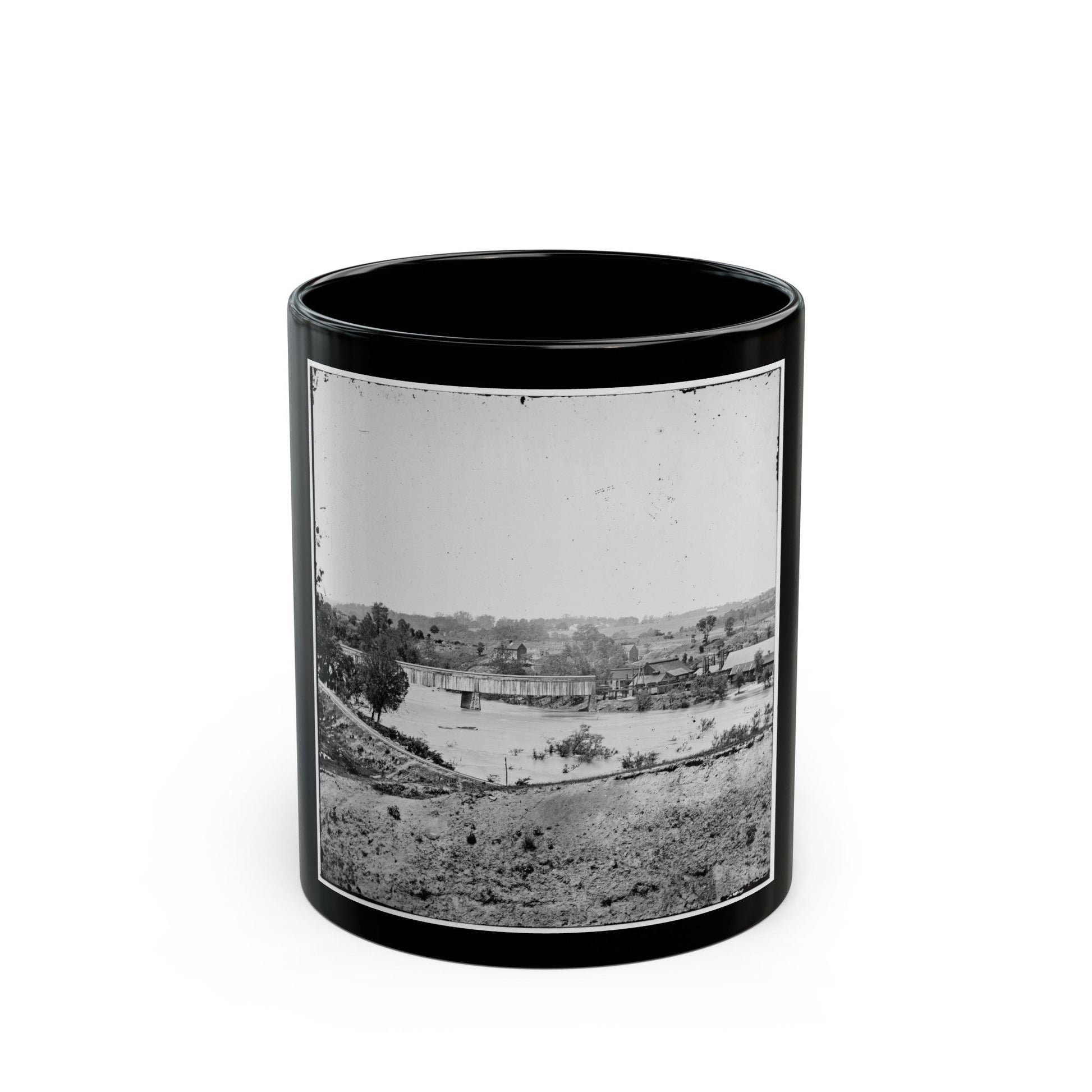 Richmond, Va. Railroad Bridge And Old Dominion Iron And Nail Works On Belle Isle (U.S. Civil War) Black Coffee Mug-11oz-The Sticker Space