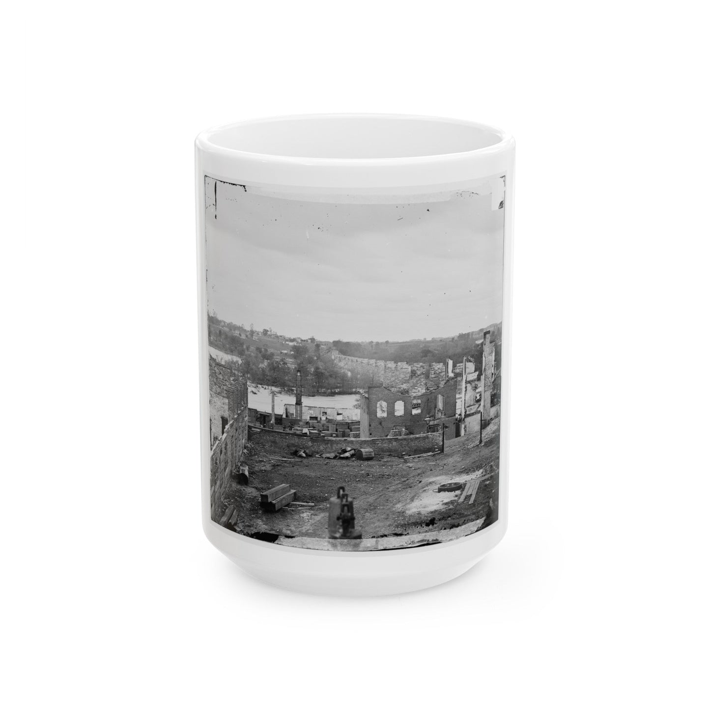 Richmond, Va. Ruins Of Richmond & Petersburg Railroad Bridge; South Bank Of The James Beyond (U.S. Civil War) White Coffee Mug-15oz-The Sticker Space