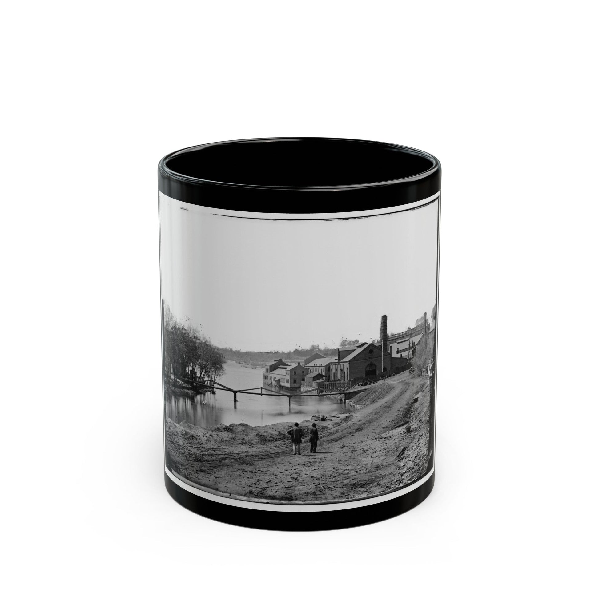 Richmond, Va. View Of The Tredegar Iron Works, With Footbridge To Neilson's Island (U.S. Civil War) Black Coffee Mug-11oz-The Sticker Space