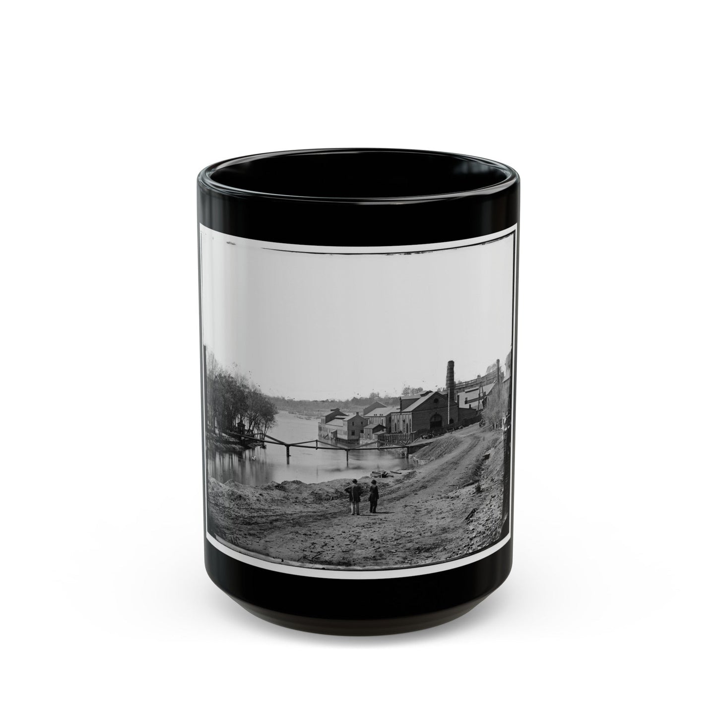 Richmond, Va. View Of The Tredegar Iron Works, With Footbridge To Neilson's Island (U.S. Civil War) Black Coffee Mug-15oz-The Sticker Space