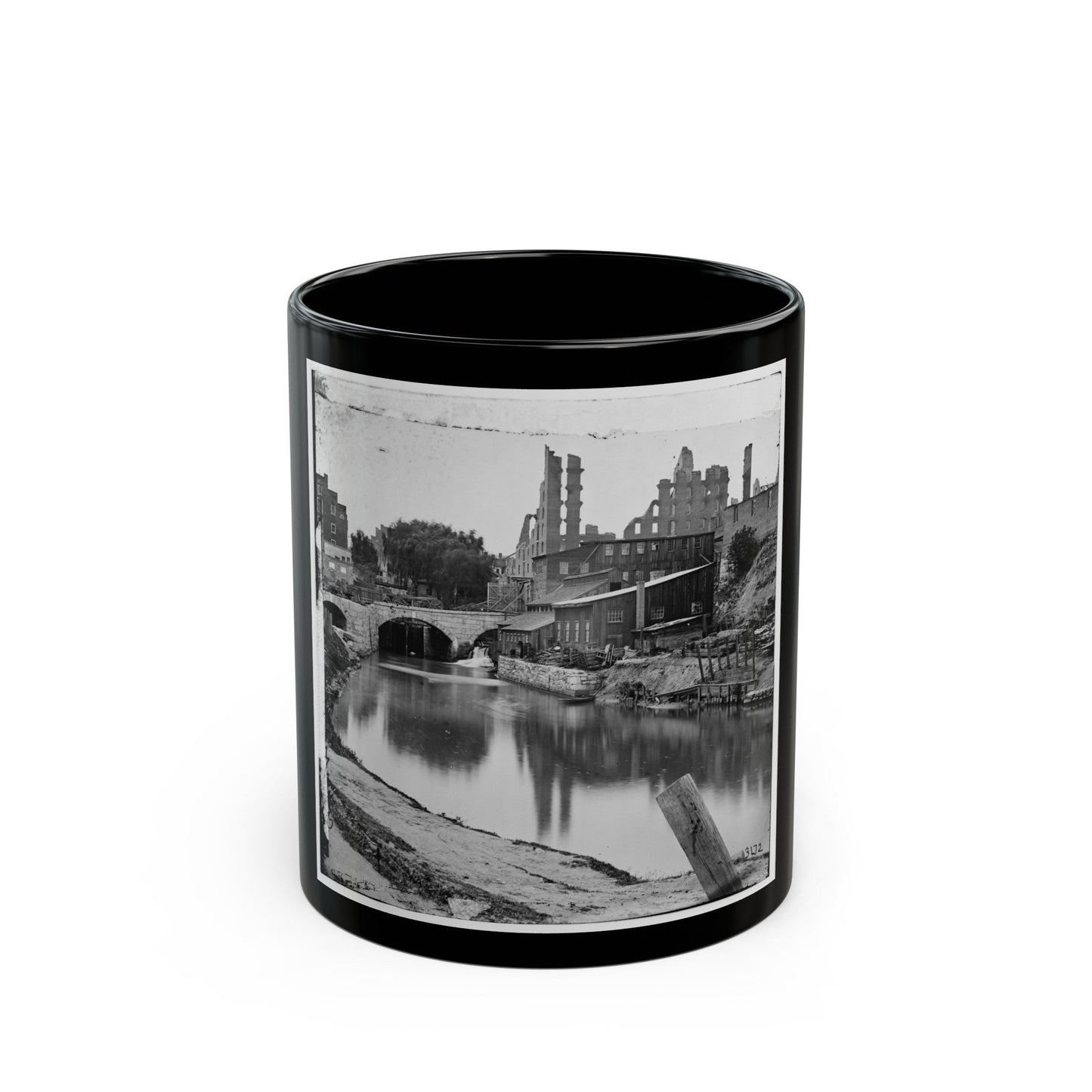 Richmond, Va. View On James River And Kanawha Canal Near The Haxall Flour Mills; Ruins Of The Gallego Mills Beyond (U.S. Civil War) Black Coffee Mug-11oz-The Sticker Space