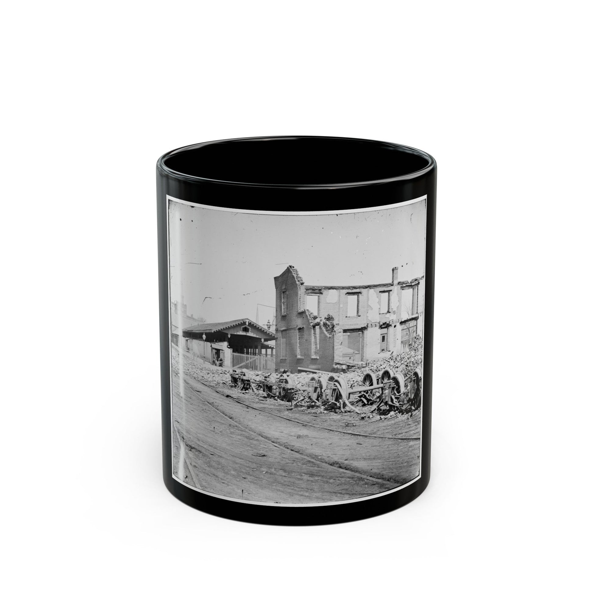 Richmond, Va. Wheels And Burned Railroad Cars Near Richmond & Petersburg Railroad Station (U.S. Civil War) Black Coffee Mug-11oz-The Sticker Space