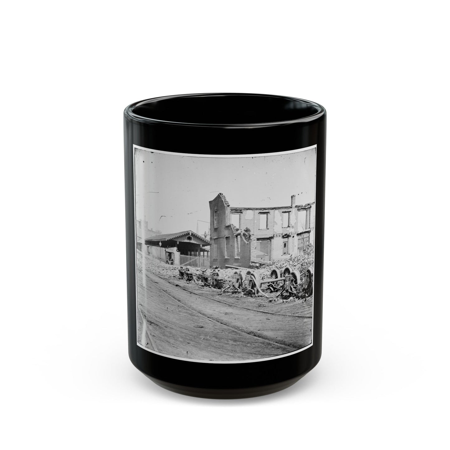 Richmond, Va. Wheels And Burned Railroad Cars Near Richmond & Petersburg Railroad Station (U.S. Civil War) Black Coffee Mug-15oz-The Sticker Space