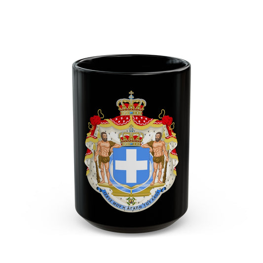 Royal Coat of Arms of Greece (blue cross) - Black Coffee Mug-15oz-The Sticker Space