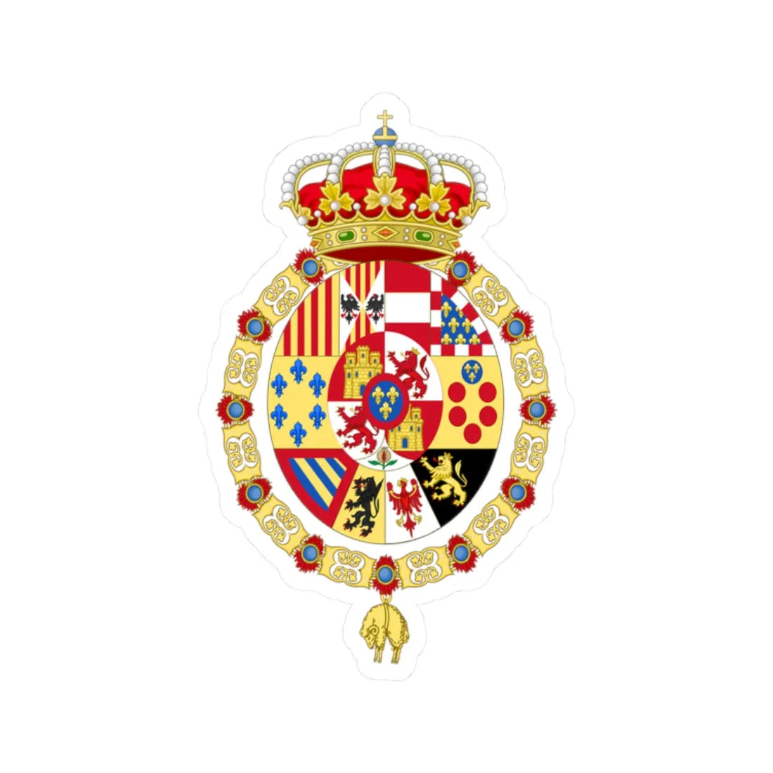 Royal Coat of Arms of Spain 1761-1868 and 1874-1931 Golden Fleece Variant (Spain) (Coat of Arms) STICKER Vinyl Kiss-Cut Decal 2 Inch White - The Sticker Space