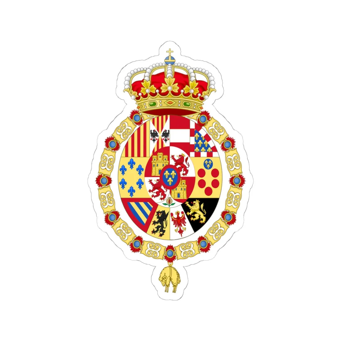 Royal Coat of Arms of Spain 1761-1868 and 1874-1931 Golden Fleece Variant (Spain) (Coat of Arms) STICKER Vinyl Kiss-Cut Decal 6 Inch White - The Sticker Space