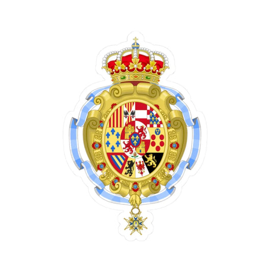 Royal Coat of Arms of Spain 1761-1931 - Variant with the Sash of Charles III Order (Spain) (Coat of Arms) STICKER Vinyl Kiss-Cut Decal 2 Inch White - The Sticker Space