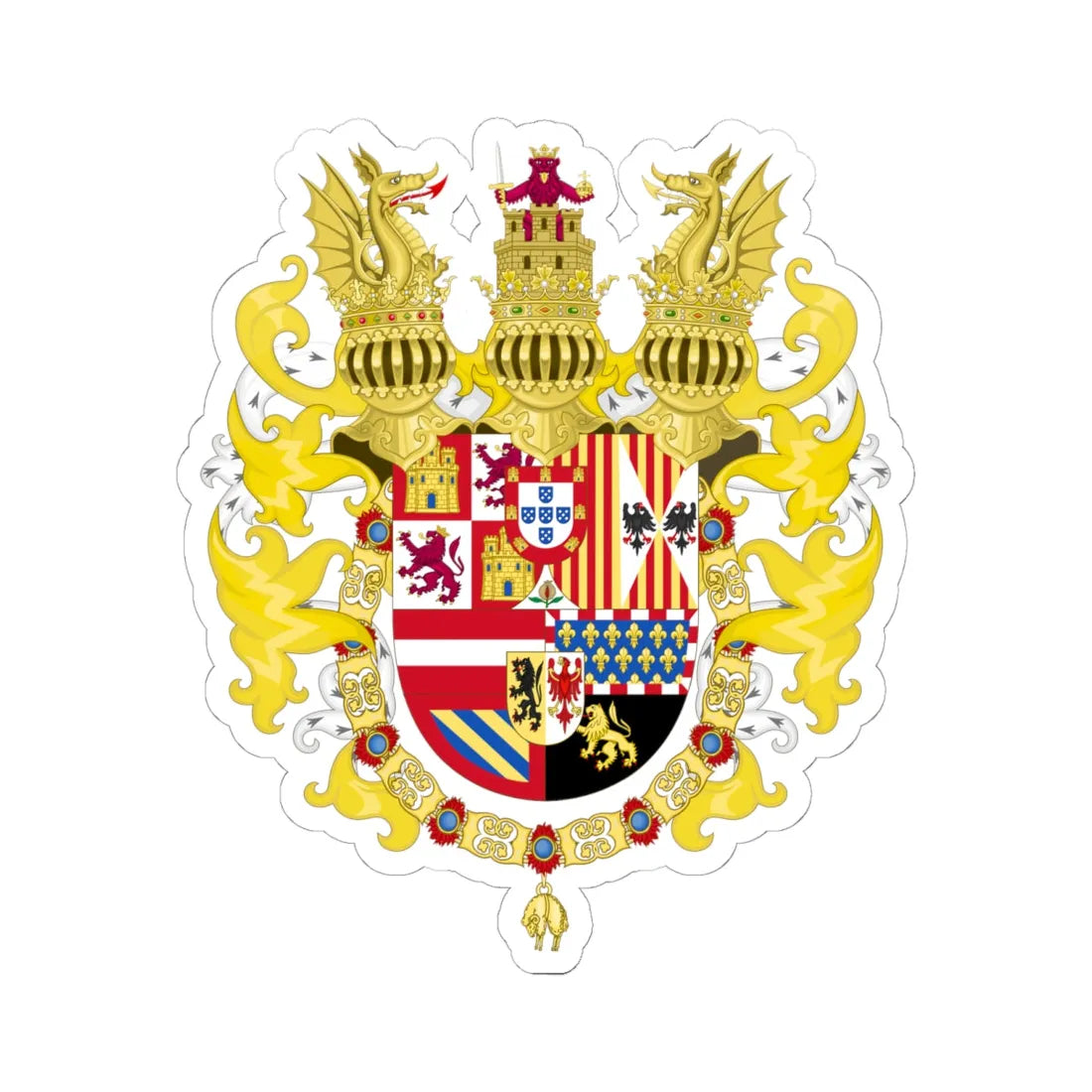 Royal Coat of Arms of Spain with Germanic Ornaments 1580-1621 (Spain) (Coat of Arms) STICKER Vinyl Kiss-Cut Decal 6 Inch White - The Sticker Space