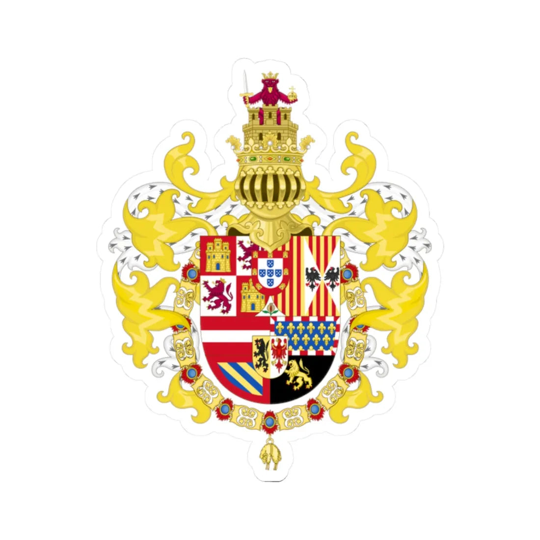 Royal Coat of Arms of Spain with Germanic Ornaments 1621-1668 (Spain) (Coat of Arms) STICKER Vinyl Kiss-Cut Decal 2 Inch White - The Sticker Space
