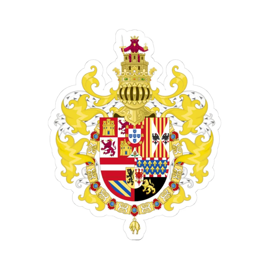 Royal Coat of Arms of Spain with Germanic Ornaments 1621-1668 (Spain) (Coat of Arms) STICKER Vinyl Kiss-Cut Decal 3 Inch White - The Sticker Space