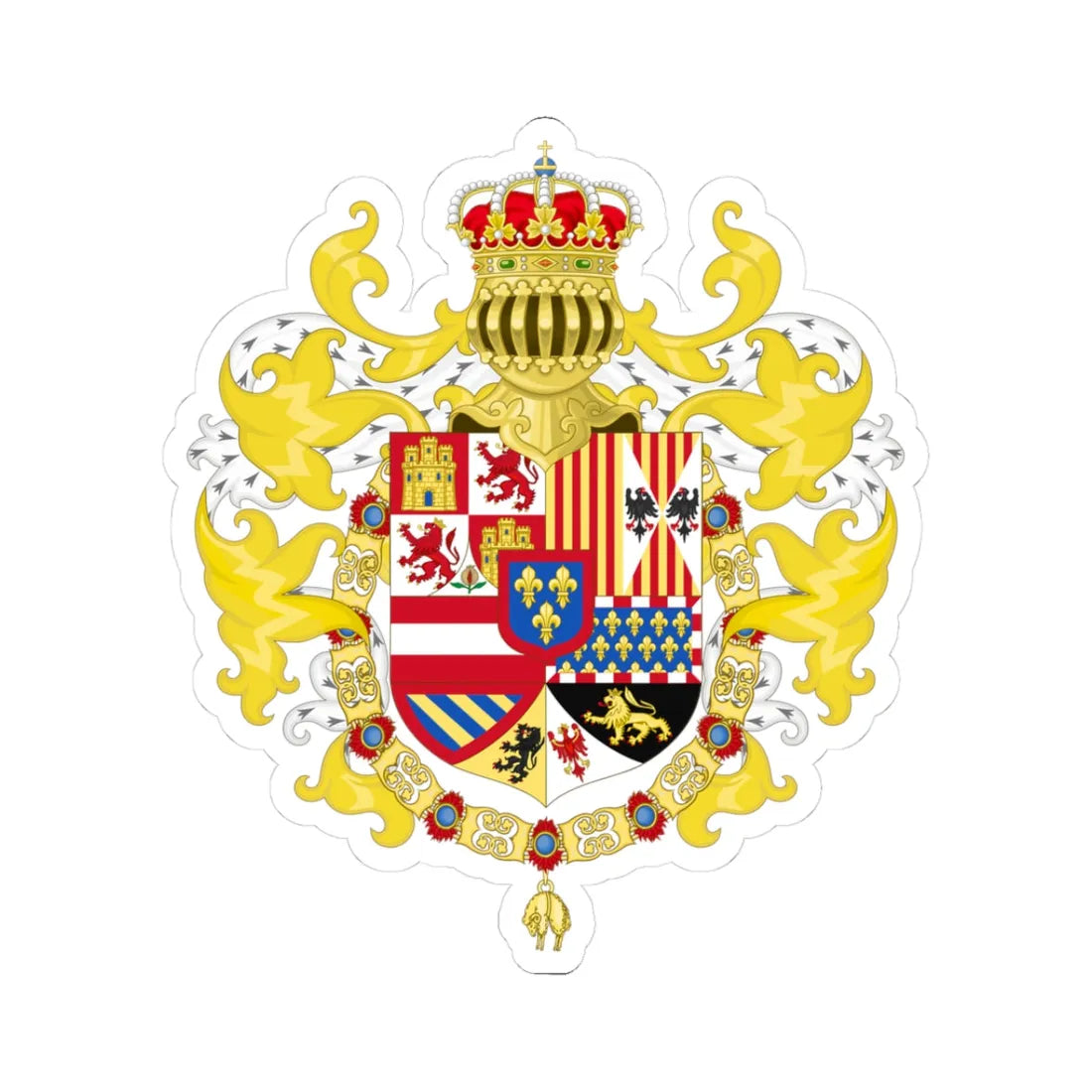 Royal Coat of Arms of Spain with Germanic Ornaments 1700-1761 (Spain) (Coat of Arms) STICKER Vinyl Kiss-Cut Decal 3 Inch White - The Sticker Space