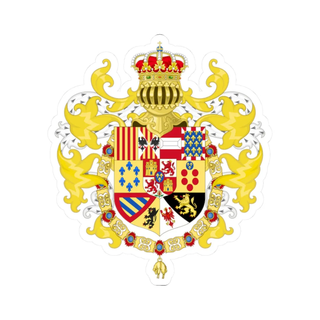 Royal Coat of Arms of Spain with Germanic Ornaments 1761-1868 and 1874-1931 (Spain) (Coat of Arms) STICKER Vinyl Kiss-Cut Decal 2 Inch White - The Sticker Space