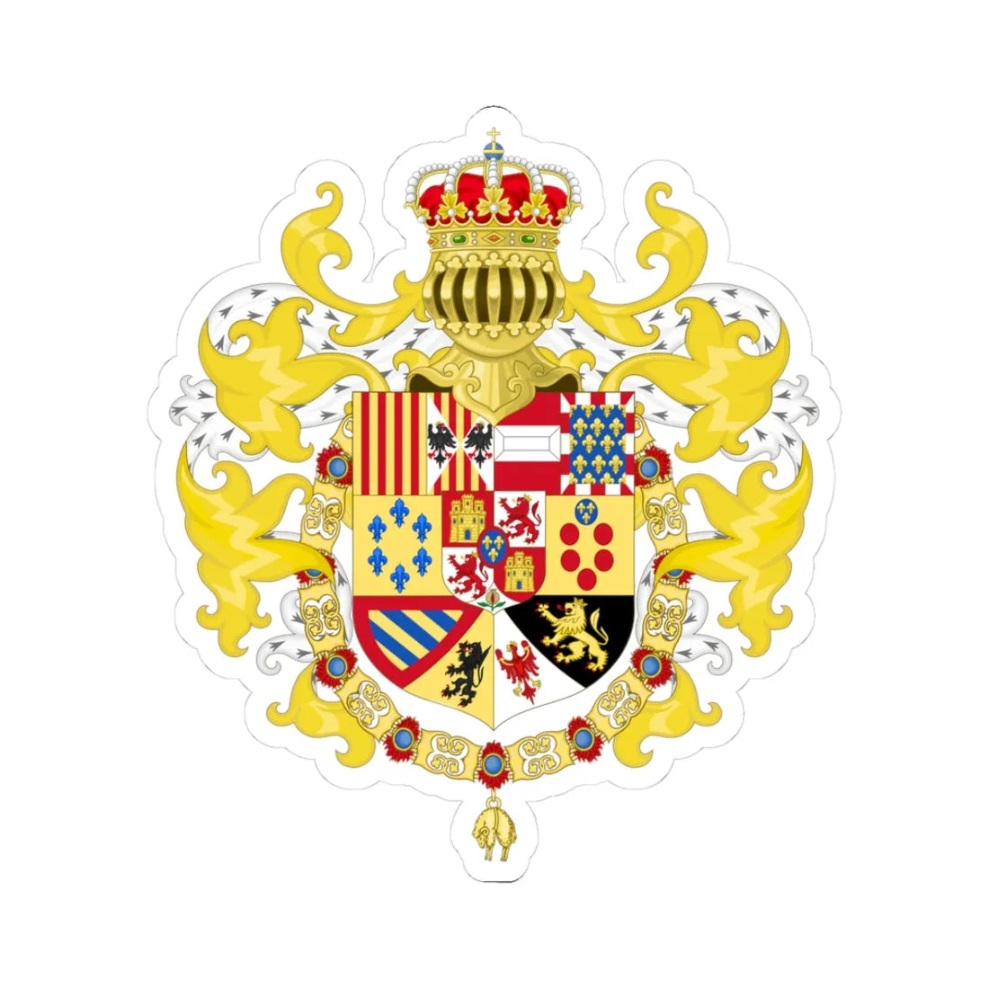 Royal Coat of Arms of Spain with Germanic Ornaments 1761-1868 and 1874-1931 (Spain) (Coat of Arms) STICKER Vinyl Kiss-Cut Decal 3 Inch White - The Sticker Space