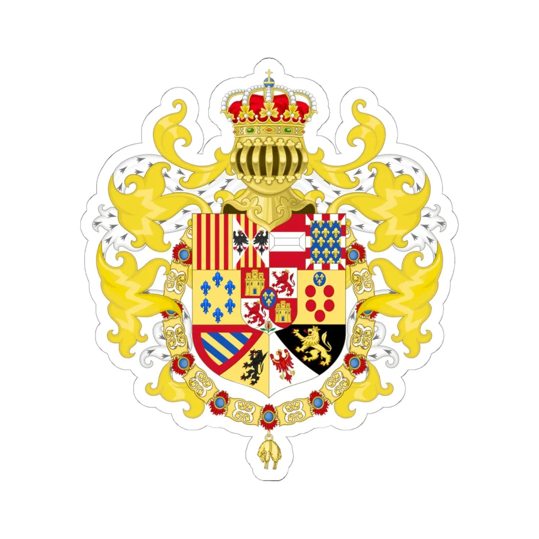 Royal Coat of Arms of Spain with Germanic Ornaments 1761-1868 and 1874-1931 (Spain) (Coat of Arms) STICKER Vinyl Kiss-Cut Decal 6 Inch White - The Sticker Space