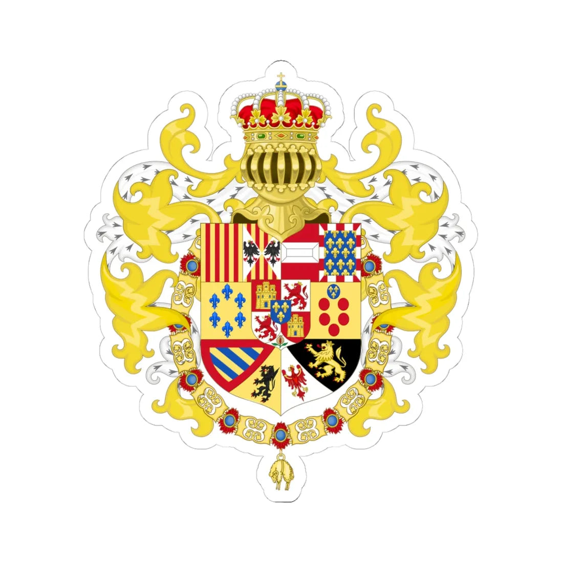 Royal Coat of Arms of Spain with Germanic Ornaments c.1883-1931 (Spain) (Coat of Arms) STICKER Vinyl Kiss-Cut Decal 4 Inch White - The Sticker Space