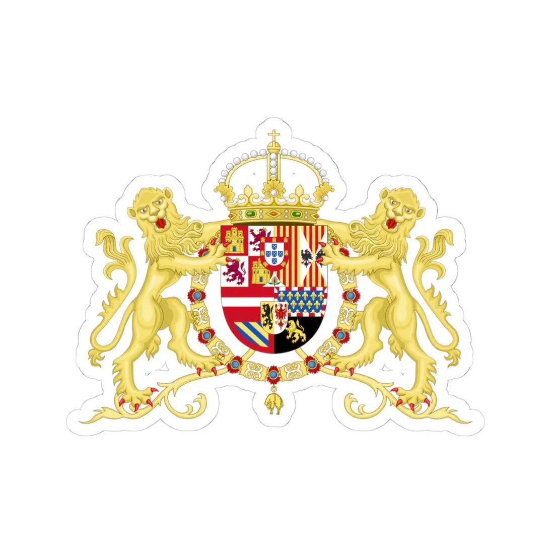 Royal Coat of Arms of Spain with Supporters 1580-1668 (Spain) (Coat of Arms) STICKER Vinyl Kiss-Cut Decal 4 Inch White - The Sticker Space