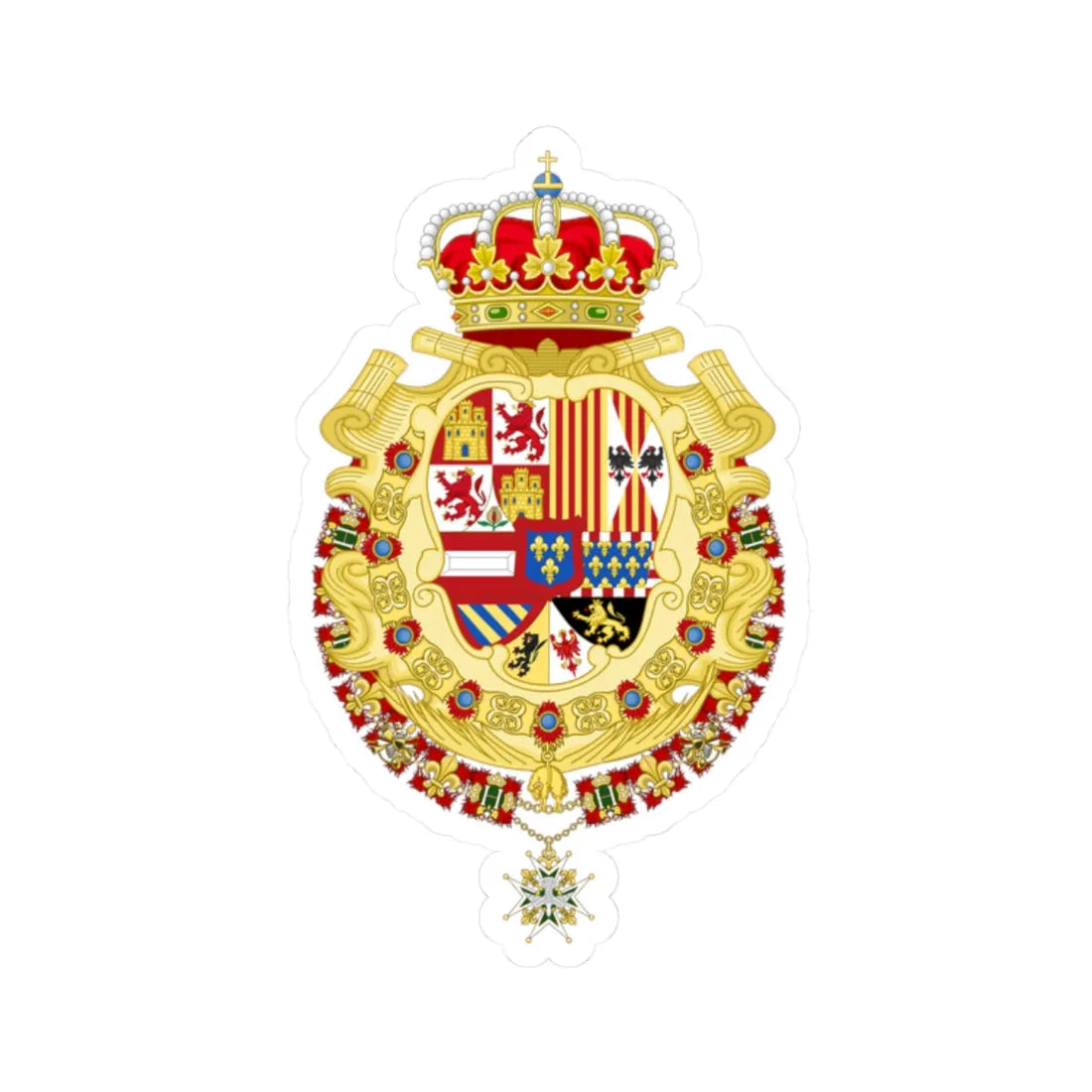Royal Greater Coat of Arms of Spain 1700-1761 Version with Golden Fleece and Holy Spirit Collars (Spain) (Coat of Arms) STICKER Vinyl Kiss-Cut Decal 2 Inch White - The Sticker Space