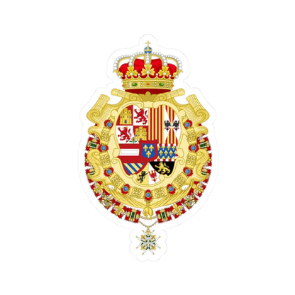 Royal Greater Coat of Arms of Spain 1700-1761 Version with Golden Fleece and Holy Spirit Collars (Spain) (Coat of Arms) STICKER Vinyl Kiss-Cut Decal 2 Inch White - The Sticker Space